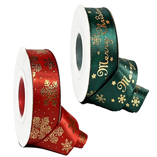 20 Yards Schleifenband Weihnachten, 2 Rollen Weihnachtsbänder Grün/Rot Geschenkband Weihnachten, 20mm Breite Satinband mit Weihnachtsmotiv für Geschenk Weihnachtsbaum Dekoration (10 Yards/Rollen) von Oiamker