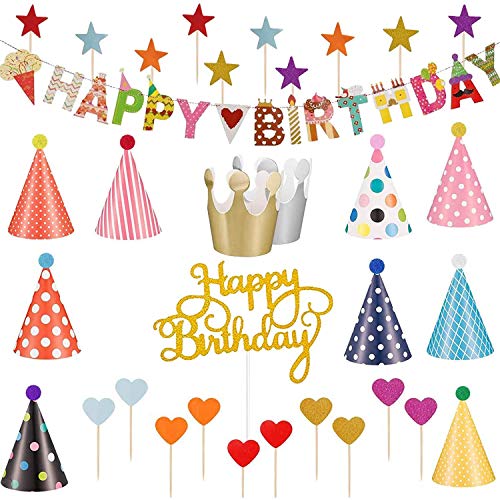 Oikabio Partyhüte Geburtstagsset 33 Stück Partyhüte Kindergeburtstag Set Geburtstag Partyhüte und Happy Birthday Banner von Oikabio