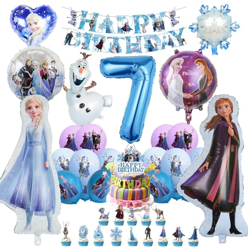 Oirigaga 46pcs Eiskönigin Geburtstagsdeko Set, Kindergeburtstag Party Deko Luftballons, Aisa Anla Prinzessin Helium Ballons Folienballons mit Happy Birthday Banner und Tortendeko für 7 Jahre Mädchen von Oirigaga