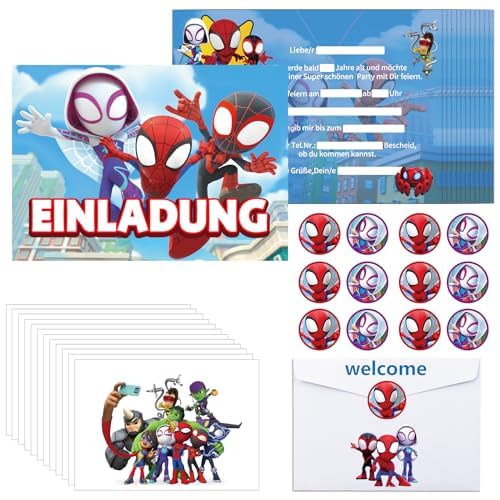 Oirigaga Einladungskarten Kindergeburtstag, 12 Stück Kinder Geburtstag Einladungen auf Deutsch, Partyeinladungen Set mit Umschlägen und Runden Aufklebern, Cartoon-Spidey Einladung für Jungen Mädchen Oirigaga Einladungskarten Kindergeburtstag, 12 Stück Kinder Geburtstag Einladungen auf Deutsch, Partyeinladungen Set mit Umschlägen und Runden Aufklebern, Cartoon-Spidey Einladung für Jungen Mädchen von Oirigaga