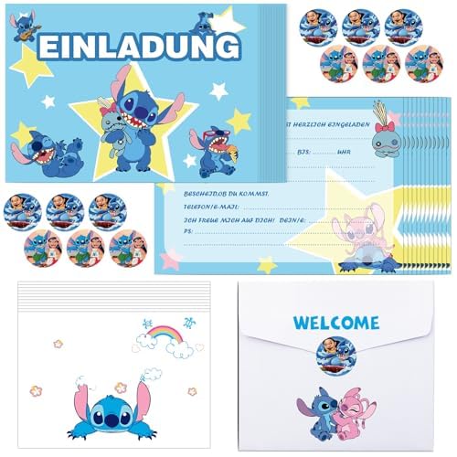 Oirigaga Einladungskarten Kindergeburtstag Jungen Mädchen, 12 Stück Deutsche Geburtstag Einladungen, Partyeinladungen mit Umschlägen und Runde Stickers, Bunte Cartoon Einladung Set für Kinder Party von Oirigaga