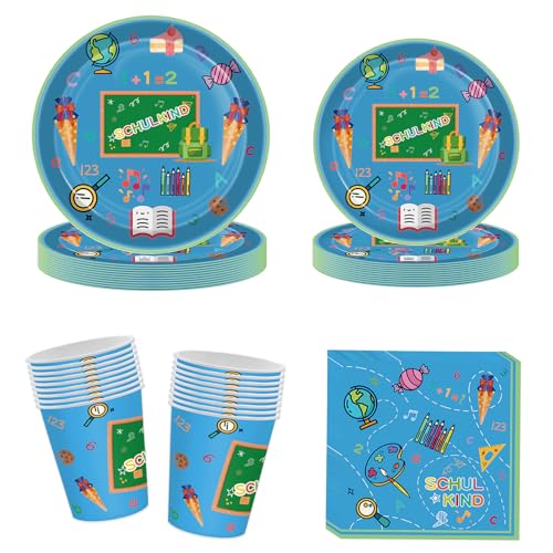 Oirigaga Einschulung Partygeschirr Set, 80pcs Schulanfang Pappgeschirr mit Pappteller Pappbecher Servietten Blau Papier Teller Becher, Schulkind Schulstart Party Geschirr Tischdeko Zubehör 20 Kinder von Oirigaga