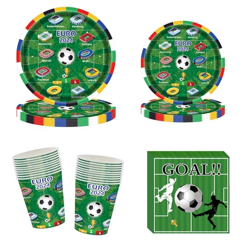 Oirigaga Fussball Partygeschirr Set, 80pcs Pappgeschirr mit Pappteller Pappbecher Servietten Grün Papier Teller und Becher, Fußball Party Deko Geschirr Tischdeko Geburtstagsdeko Zubehör für 20 Gäste von Oirigaga