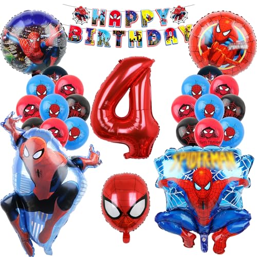 Oirigaga Geburtstagsdeko Luftballons Set, Geburtstag Ballons für 4 Jahre Jungen, Kindergeburtstag Party Deko Helium Balloons, Cartoon Anime Spidey Folienballons mit Happy Birthday Banner für Kinder von Oirigaga