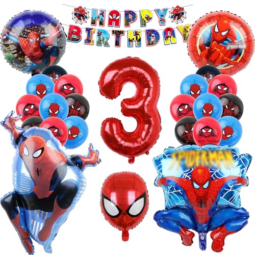 Oirigaga Geburtstagsdeko Luftballons Set, Geburtstag Ballons für 3 Jahre Jungen, Kindergeburtstag Party Deko Helium Balloons, Cartoon Anime Spidey Folienballons mit Happy Birthday Banner für Kinder von Oirigaga