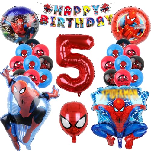 Oirigaga Geburtstagsdeko Luftballons Set, Geburtstag Ballons für 5 Jahre Jungen, Kindergeburtstag Party Deko Helium Balloons, Cartoon Anime Spidey Folienballons mit Happy Birthday Banner für Kinder von Oirigaga