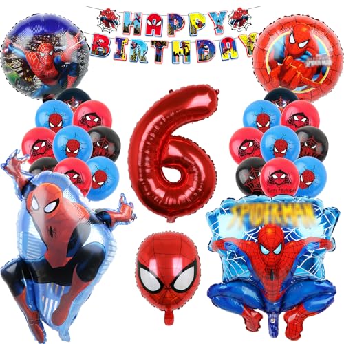 Oirigaga Geburtstagsdeko Luftballons Set, Geburtstag Ballons für 6 Jahre Jungen, Kindergeburtstag Party Deko Helium Balloons, Cartoon Anime Spidey Folienballons mit Happy Birthday Banner für Kinder von Oirigaga