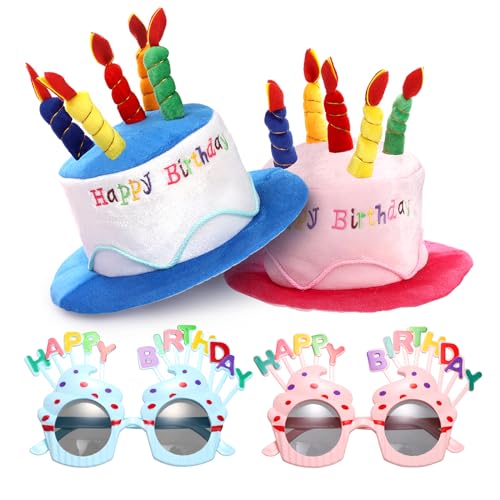 Okllen 4 Stück Plüsch Alles Gute zum Geburtstag Kuchen Geburtstagshüte Lustiger Hut mit Sonnenbrille, Party Neuheit Hüte Dekorationen Requisite für Geburtstagsparty Gastgeschenk, Blau & Rosa von Okllen