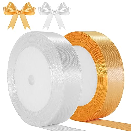 2 Rolle Satinband Weiss Stoffband Geschenkband,44m x 2cm Doppelseitig Weißes Band,Gold Schleifenband Hochzeit Dekoration Breit für Weihnachten Geschenk Basteln Haarschleifen Brautstrauß und Geburtstag von Okoss