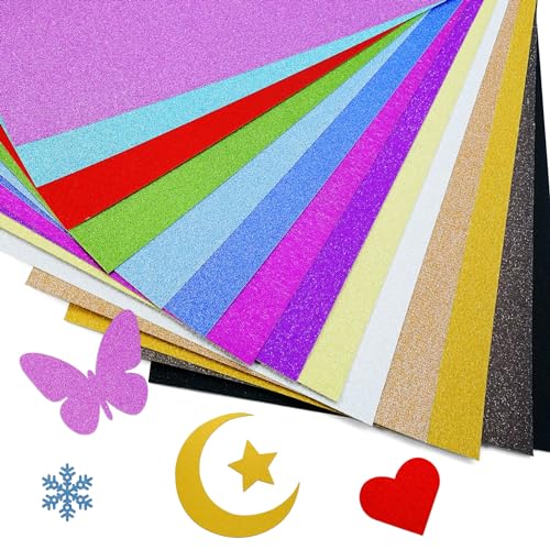 Okoss 28 Blatt Glitzerpapier zum Basteln, Bunt Glitzer Papier A4 29.7 x 21cm Bastelpapier Glitzer 250g/m² Glitterkarton zum Basteln und Gestalten für Kinder DIY Grußkarten Scrapbooking Craft 14 Farben von Okoss