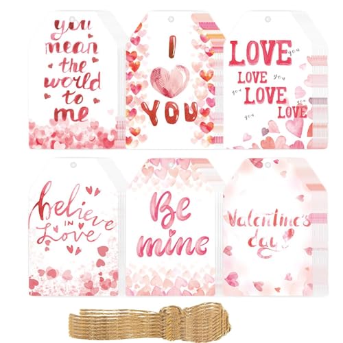 Oldmoom Happy Valentines Day Tags – 60 x romantische Etiketten mit Schnüren, Liebesetiketten mit Löchern, Valentinstag-Papieranhänger für Festival-Dekoration von Oldmoom