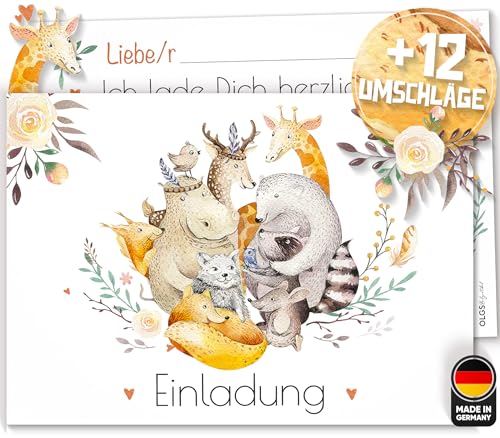 Olgs 12x Einladungskarten zum Kindergeburtstag für Mädchen & Jungen | Boho Freunde | Mottoparty Tiere, Partyeinladungen zur Geburtstagsfeier zum ausfüllen + Umschläge | Geburtstagseinladungen von Olgs