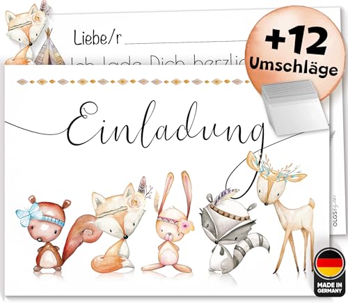 Olgs 12 Einladungskarten Cute Boho Tierfreunde zum Ausfüllen inkl. Umschläge, für Kindergeburtstag Cozy Mottoparty von Olgs