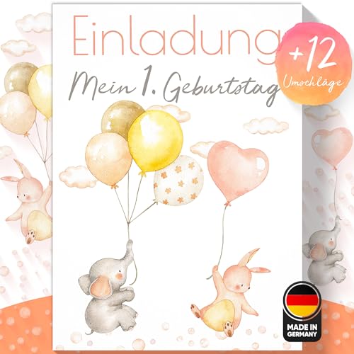 Olgs Ballon Party Einladungskarten mit Elefant & Hase, 12er Set, inkl. Umschläge, Ideal für Mädchen Kinder- & Babygeburtstag von Olgs