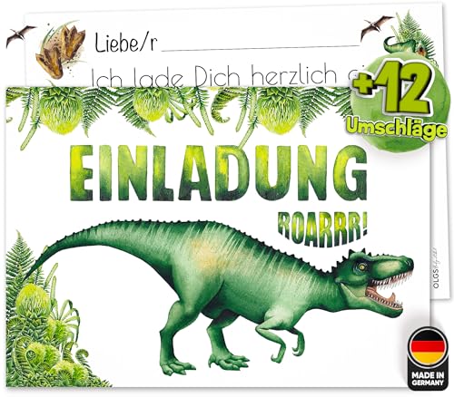 Olgs 12 Einladungskarten + Umschläge Dino T-Rex Kindergeburtstag, Ausfüllbar, Dinoparty-Motto von Olgs