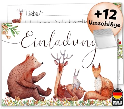 Olgs 12x Einladungskarten Waldtierfreunde für Kindergeburtstag, Ausfüllbar, inkl. Umschläge - süße Bär, Reh, Fuchs, Hase von Olgs