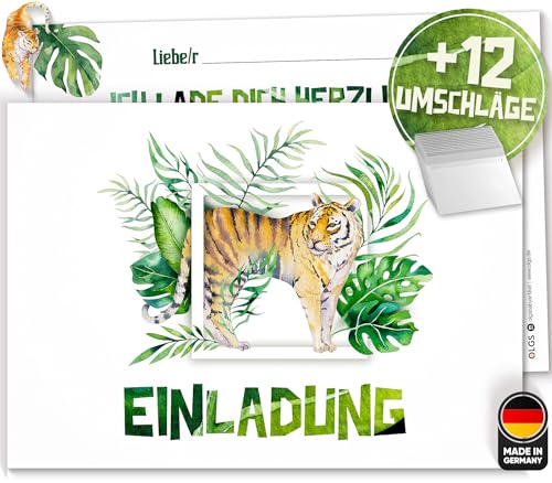 Olgs 12x EINLADUNGSKARTEN zum Kindergeburtstag Tiger | Perfekte Einladung zum Kindergeburtstag oder Kinder Party | Geburtstag-Einladungen zum ausfüllen | Partyeinladungen, grün, Dschungel von Olgs