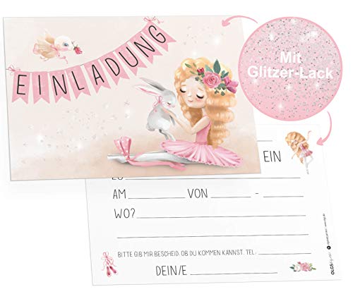 Olgs Ballerina Geburtstagseinladungen mit Glitzer, 12er Set Einladungskarten in Rosa zum Ausfüllen, inkl. Umschläge, für Mädchen von Olgs