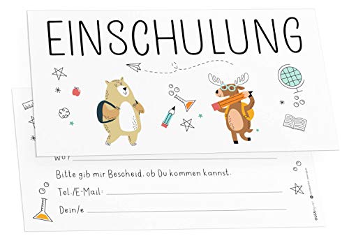 Olgs Einschulung Einladungskarten 'Tierfreunde', 12er Set, Ausfüllbar, inkl. Umschläge, für den 1. Schultag von Mädchen & Jungen von Olgs