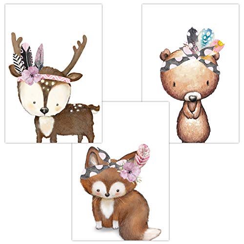 Olgs Babyzimmer Bilder 3er Set | Kinderzimmer Deko Poster DIN A4 | Wandbilder Tiere Feder | Wandposter Mädchen Junge | Waldtiere Fuchs Bär Hirsch Baby Tiere Boho von Olgs