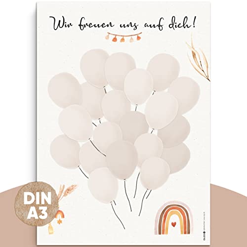 OLGS Gästebild Luftballons DIN A3 für Babyparty Taufe Kindergeburtstag | Gästebuch Alternative Babyshower Deko | Gender Reveal Party Poster für Junge und Mädchen | Baby Wandbild Taufgeschenk (Boho) von Olgs