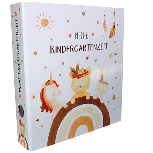 OLGS Meine Kindergartenzeit Boho Ordner für Kinder, Kita Erinnerungsordner, Kindergartenordner Tiere, Sammelordner, Kindergarten, Ringordner DIN A4 - Regenbogen Einhorn, Löwe, Hase von Olgs