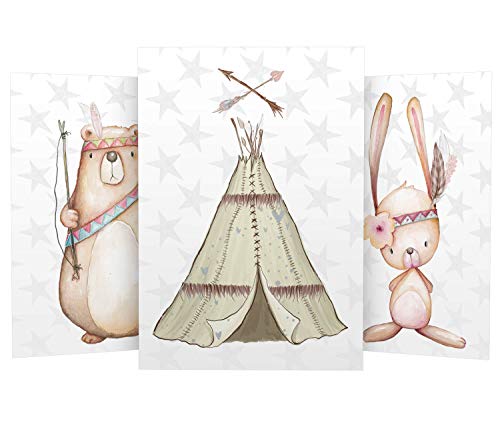 Olgs Poster Bilder 3er Set | Kinderzimmer Deko Wandbilder | Mädchen Junge Wandposter DIN A4 | Wanddeko für Babyzimmer | Waldtiere Bär Tipi Hase Indianer von Olgs