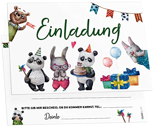 Olgs Tierparty Kindergeburtstag Einladungskarten, 12er Set, Ausfüllbar, inkl. Umschläge, für Mädchen & Jungen von Olgs