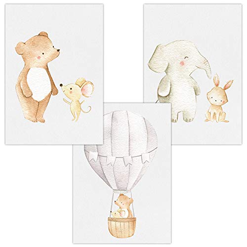 Olgs Babyzimmer Bilder 3er Set | Kinderzimmer Deko Poster DIN A4 | Wandbilder Premium | Tiere Wandposter Mädchen, Junge | Freunde & Heißluftballon, Bär, Maus, Elefant, Hase von Olgs