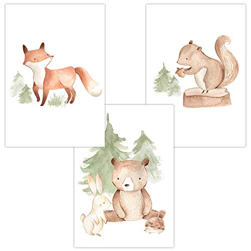 Olgs Babyzimmer Bilder 3er Set | Kinderzimmer Deko Poster DIN A4 | Wandbilder Premium | Tiere Wandposter Mädchen, Junge | Waldtiere: Fuchs, Hase, Bär, Igel, Eichhörnchen von Olgs