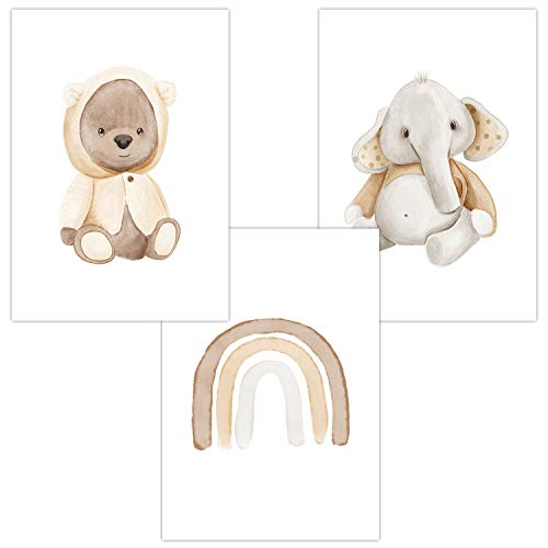 Olgs Babyzimmer Poster 3er Set | Wandbilder für Kinderzimmer Deko Bilder DIN A4 | Teddy Regenbogen Wandposter Mädchen, Junge | Tiere: Bär, Elefant von Olgs