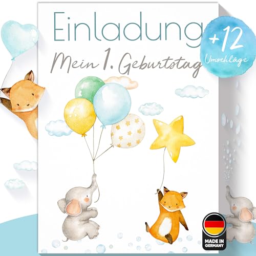 Olgs Ballon Party Einladungskarten, Elefant & Fuchs, 12er Set für Jungen, inkl. Umschläge, Perfekt für Kinder- & Babygeburtstag von Olgs