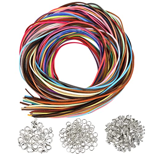 280 Stück Lederriemen Set 2.6mm*1M*60pcs Lederschnur Bunte Lederband Lederbänder mit Verschlussenden Flach Lederschnur mit Sprungring Hummerschere Klemmenden für DIY Armband Halskette Schmuck Finden von Olinner