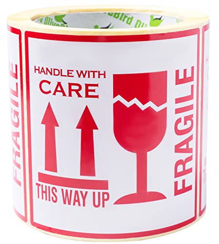 OliveBird 250 Aufkleber "Fragile. This Way Up. Handle With Care", Etiketten, groß 10 x 10 CM White-red - 250 Stück von OliveBird