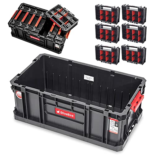 OliveBird Set Sortimentskasten + 6 x Organizer Multi 6er Sortimentskasten Kleinteile Organizer Sortierbox groß mit Deckel Sortierkasten Sortierkoffer Werkzeugbox Sortimentsbox Organisationsbox von OliveBird