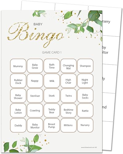 Olivia Samuel Bingo-Baby-Party-Spiel für 16 Spieler – Botanicals Design (16 Gästekarten + 4 Blatt Visitenkarten für den Gastgeber + Gewinnerzertifikat) von Olivia Samuel