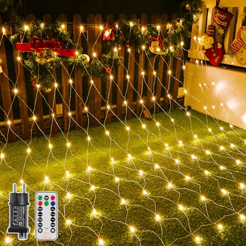 Ollny Lichternetz Außen 3x2m, 200 LED Lichterkette außen Netz warmweiß mit Fernbedienung Timer, Wasserdicht Lichternetz Innen 8 Modi für Büsche Garten Zimmer Balkon von Ollny