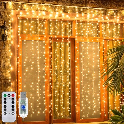 Ollny Lichtervorhang innen aussen, 3x3m 300 LED Lichterkette außen innen USB mit Fernbedienung Timer, dimmbar Lichterketten Vorhang für Fenster Weihnachten Schlafzimmer Wand(warmweiß) von Ollny