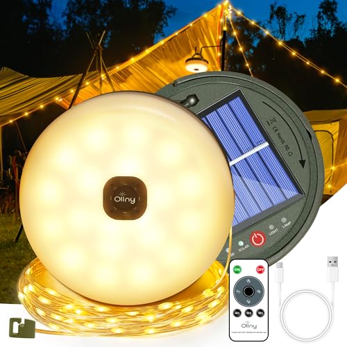 Ollny Solar Camping Lichterkette Aufrollbar, 3-in-1 Tragbare Wiederaufladbare LED Lichterkette mit 8 Beleuchtungsmodi, Wasserdichte USB Campinglampe für Zelt Camping Hof Dekoration (10M) von Ollny