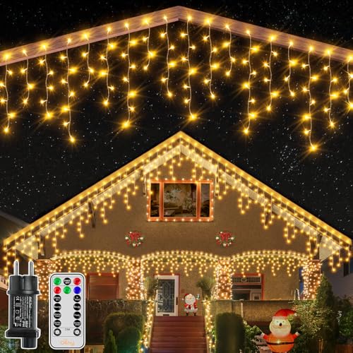 Ollny Eisregen Lichterkette Außen 10m, 396 LED Lichterkette außen Strom mit Fernbedienung, wasserdicht Weihnachtsbeleuchtung außen mit Timer 8 Modi für Balkon Weihnachten Haus Carport(warmweiß) von Ollny