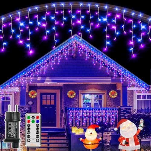 Ollny Eisregen Christmas Lichterkette außen 12m 486 LEDs Weihnachtsbeleuchtung außen 81 Saiten IP44 wasserdicht 8 Modi mit Fernbedienung Timer EU Stecker für Pavillon Balkon Blau und Lila von Ollny