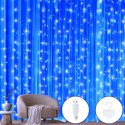 Ollny LED Lichtervorhang 2x2m, 200 LEDs Lichtervorhang innen USB, Lichterkette innen fenster mit 10 Haken, für innen und außen Deko Schlafzimmer Party Wand Balkon (Blau) von Ollny