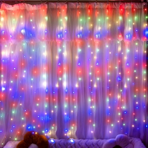 Ollny LED Lichtervorhang 2x2m, 200 LEDs Lichtervorhang innen USB, Lichterkette innen fenster mit 10 Haken, für innen und außen Deko Weihnachten Schlafzimmer Party Wand Balkon (bunt) von Ollny