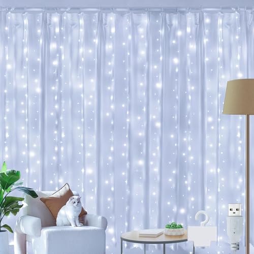 Ollny LED Lichtervorhang 2x2m, 200 LEDs Lichtervorhang innen USB Kaltweiß, Lichterkette innen fenster mit 10 Haken, für innen und außen Deko Schlafzimmer Party Wand Balkon von Ollny