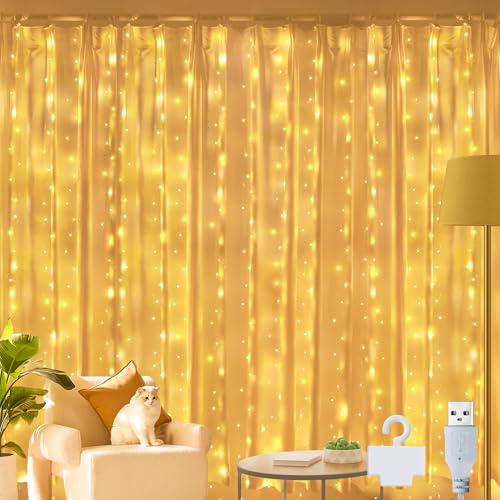 Ollny LED Lichtervorhang 2x2m, 200 LEDs Lichtervorhang innen USB warmweiß, Lichterkette innen fenster mit 10 Haken, für innen und außen Deko Schlafzimmer Party Wand Balkon von Ollny