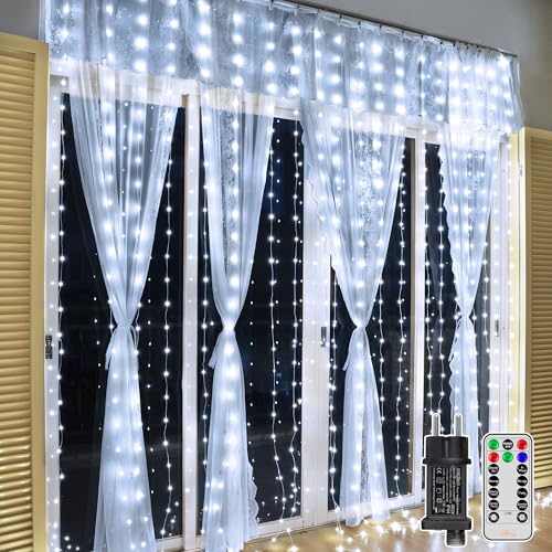 Ollny Lichtervorhang aussen 3×3m 300 LED, Lichterketten Vorhang mit 8 Modi, Anschließbar lichterkette mit Timer, IP67 wasserdicht für Fenster Balkon Wand Party deko (Klatweiß) von Ollny