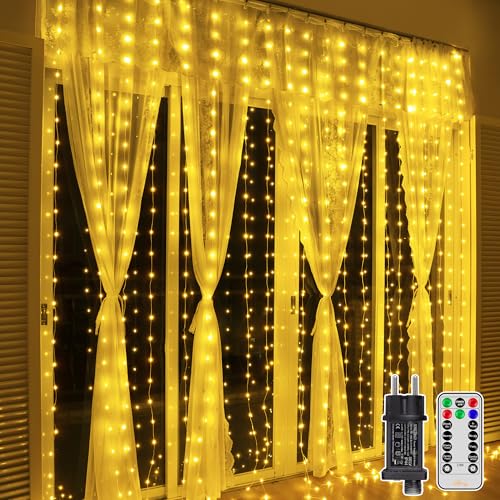 Ollny 3×3m 300 LED Lichtervorhang, Lichtervorhang aussen mit 8 Modi, IP67 wasserdicht Weihnachtsbeleuchtung mit Fernbedienung, Timer und Dimmbar, für Weihnachten Party Fenster Balkon (Warmweiß) von Ollny