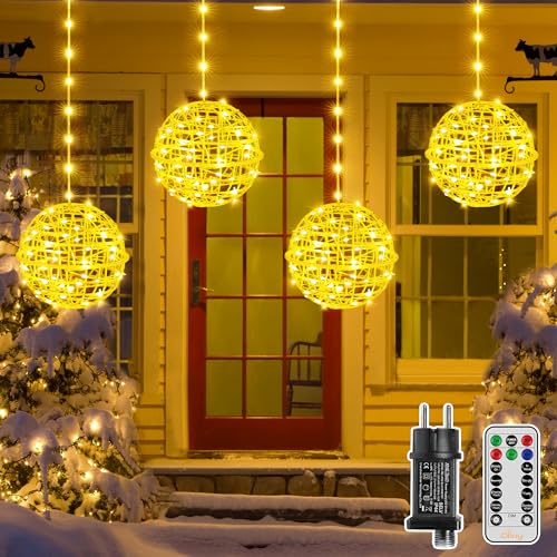 Ollny Lichterkette Außen Hängend Kugel 20cm, 4er-Set, 8 Modi, LED Lichterkette für Urlaubsdekoration, mit Fernbedienung Timer, Globe Weihnachtsbeleuchtung für Garten, Hochzeit, Weihnachtsdeko Warmweiß von Ollny