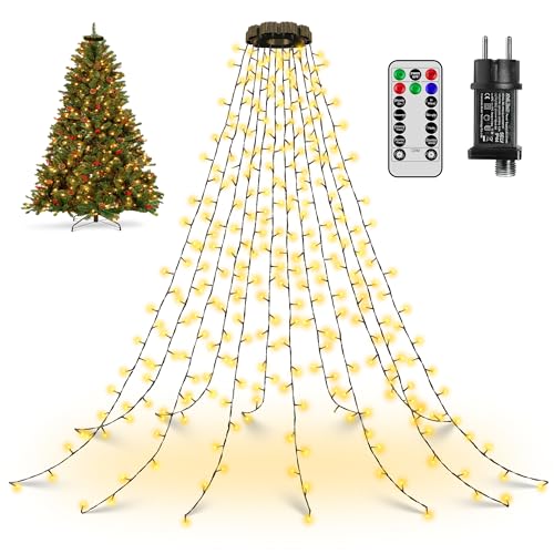 Ollny Lichterkette Weihnachtsbaum 2.5M, 300 LED Lichterkette außen innen 12 Stränge mit Ring Timer, 8 Modi wasserdicht Weihnachtsbeleuchtung außen für 150cm 180cm 240cm Baum(warmweiß) von Ollny