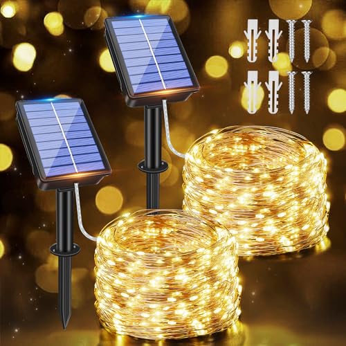 Ollny Solar Lichterkette aussen, 2x10M 100 LED lichterkette außen, 8 Modi IP65 wasserdicht Kupferdraht Lichterkette outdoor für Garten Balkon Terrasse Baum Hof Party (Warmweiß) von Ollny